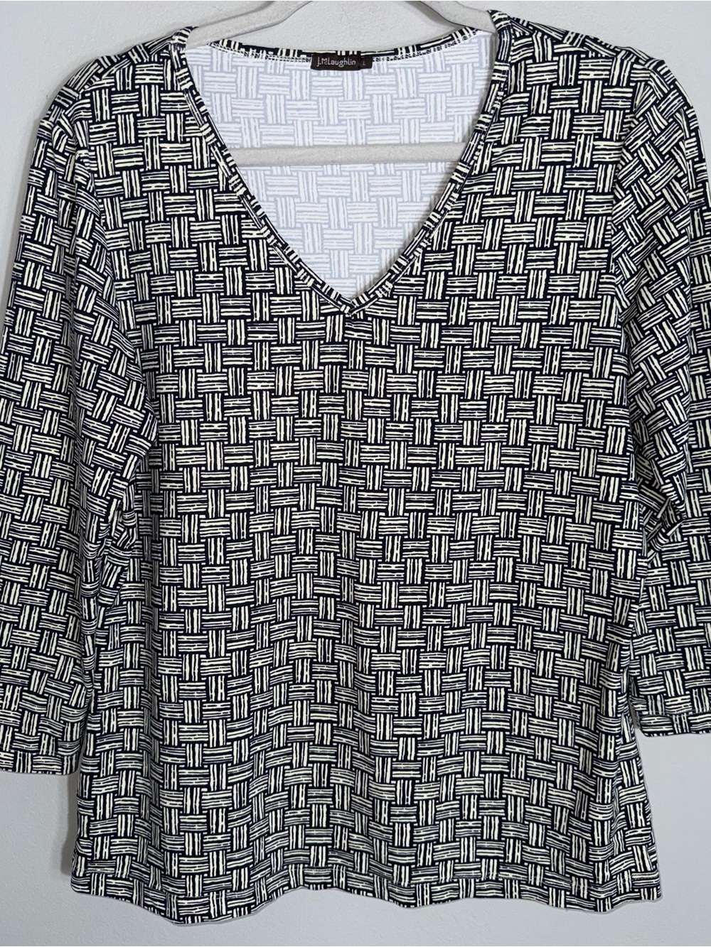 J McLaughlin Catalina Cloth 3/4 Sleeve Top Blouse-Black Ivory Design-Size Large